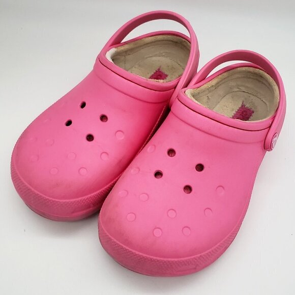 Crocs Classic Pink Slip On Fur Lined Clogs Junior 3 Girls 9 Inches Long - Picture 1 of 11